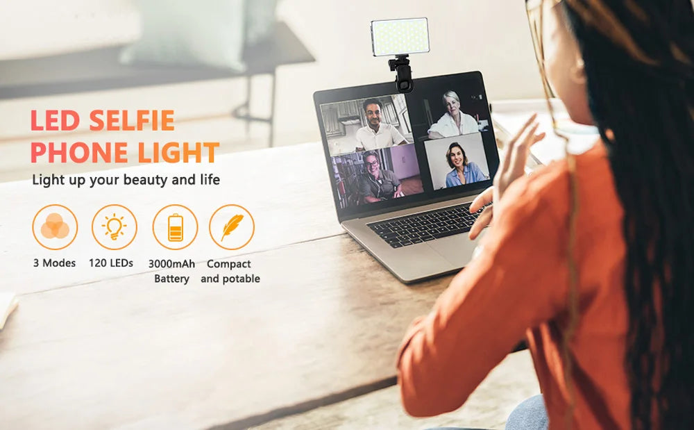 LED Selfie Light 120 LED 3000Mah Rechargeable Phone Light Clip 3 Light Modes Ring Light for Phone iPad Camera Laptop Selfie