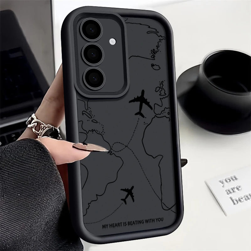Airplane Route Silicone Case For Samsung Galaxy S25 FE Edge S26 S24 S23 Ultra S22 Plus A57 A37 A17 A14 A15 A55 A56 A36 A26 Cover