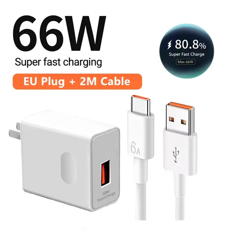 USB Fast Charger 66W Fast Charging QC3.0 EU/US Plug Wall Adapter 6A USB To Type C Cable For Huawei Mate 50 60 Nova 10 Honor 100