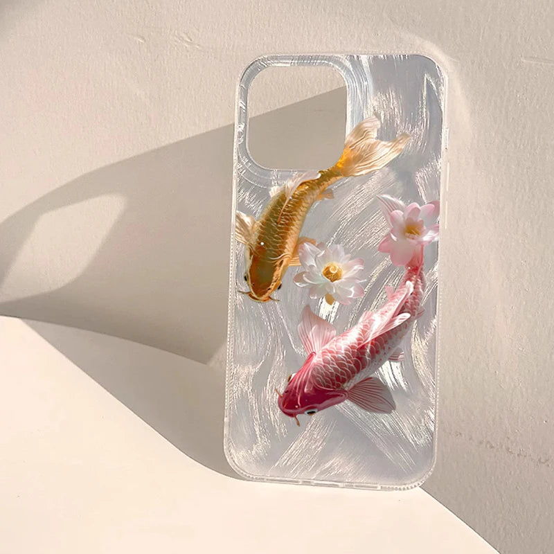 Feather Yarn Colorful Golden Lotus Koi Phone Case For iPhone 11 12 13 14 15 16 17 Air Pro Max XS XR X 7 8 Plus 16E SE 2 Cover