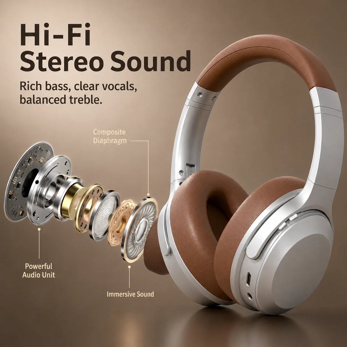 ANC Headphones Bluetooth 5.3 Over Ear Earphones Wireless Hi-Fi Stereo Headset with Mic 35H Playtime Type-C AUX Foldable Design