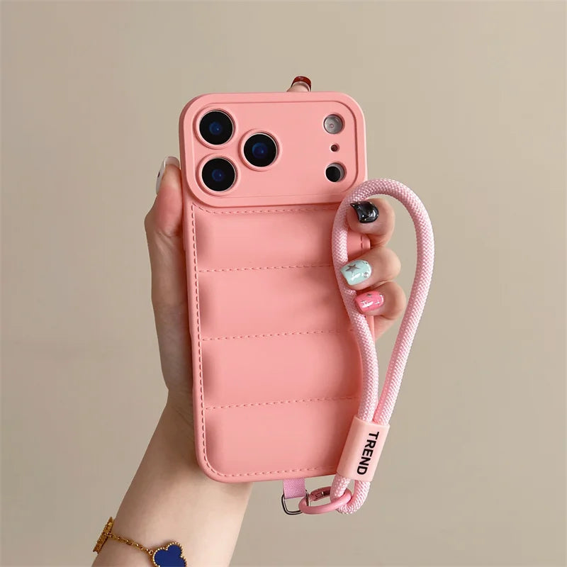 Luxury Down Jacket Puffer Wrist Strap Phone Case for Samsung Galaxy S25 Edge S24 S23 S22 S21 S20 FE Plus Ultra Soft Cover