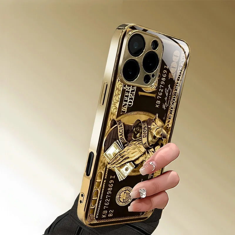 Creative Wealth Pattern Gold Metallic Paint Glass Phone Case For iPhone 17 16 15 14 13 12 11 Pro Max 15 14 Plus 17 Air 16E Cover