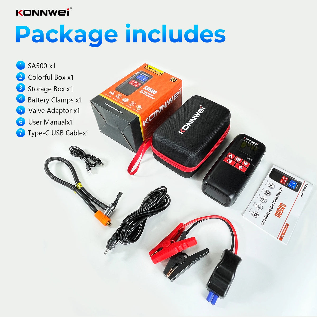 KONNWEI SA500 Car Jump Starter with Air Compressor 12V Portable Battery Booster Tire Inflator Power Bank Vehicle Emergency Start