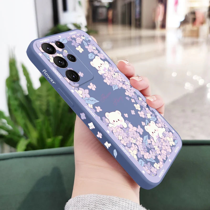 Flower Bush Bear Phone Case For Samsung Galaxy S25 FE S24 S23 S22 S21 S20 Ultra Plus FE S10 Note 20 Ultra 10 9 Plus Cover