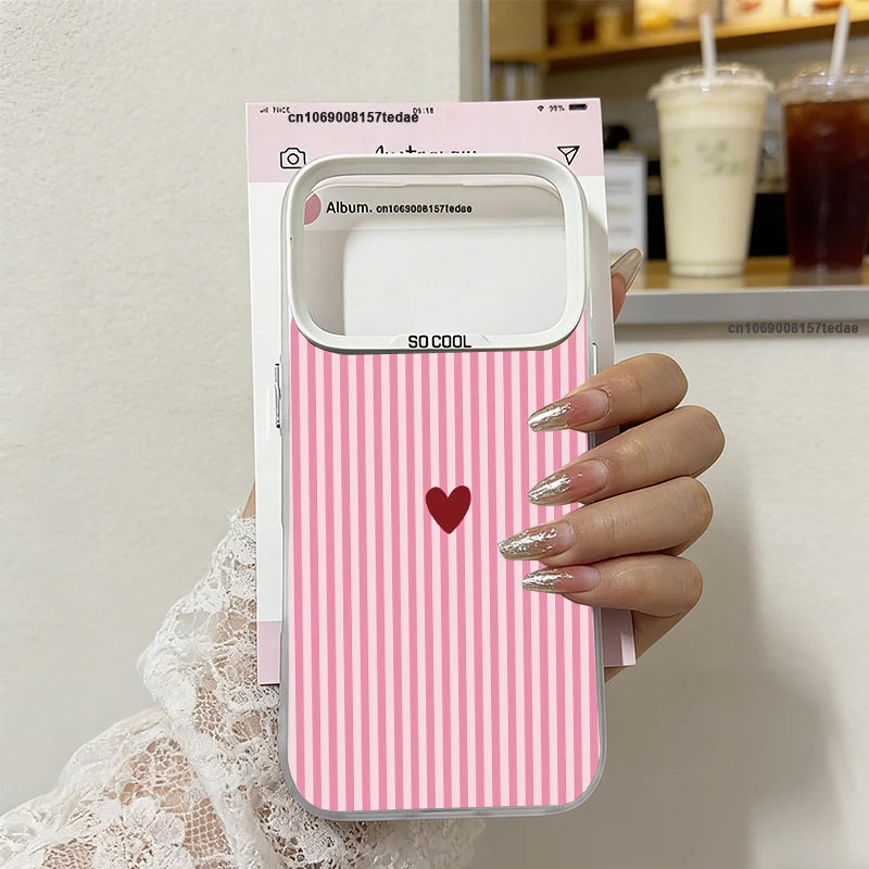 INS Cute Small Love Heart Fresh Phone Case For iPhone 16 17 Pro 15 17 Air 14 Plus 13 12 11 Pro Max Pink Blue Striped IMD Cover