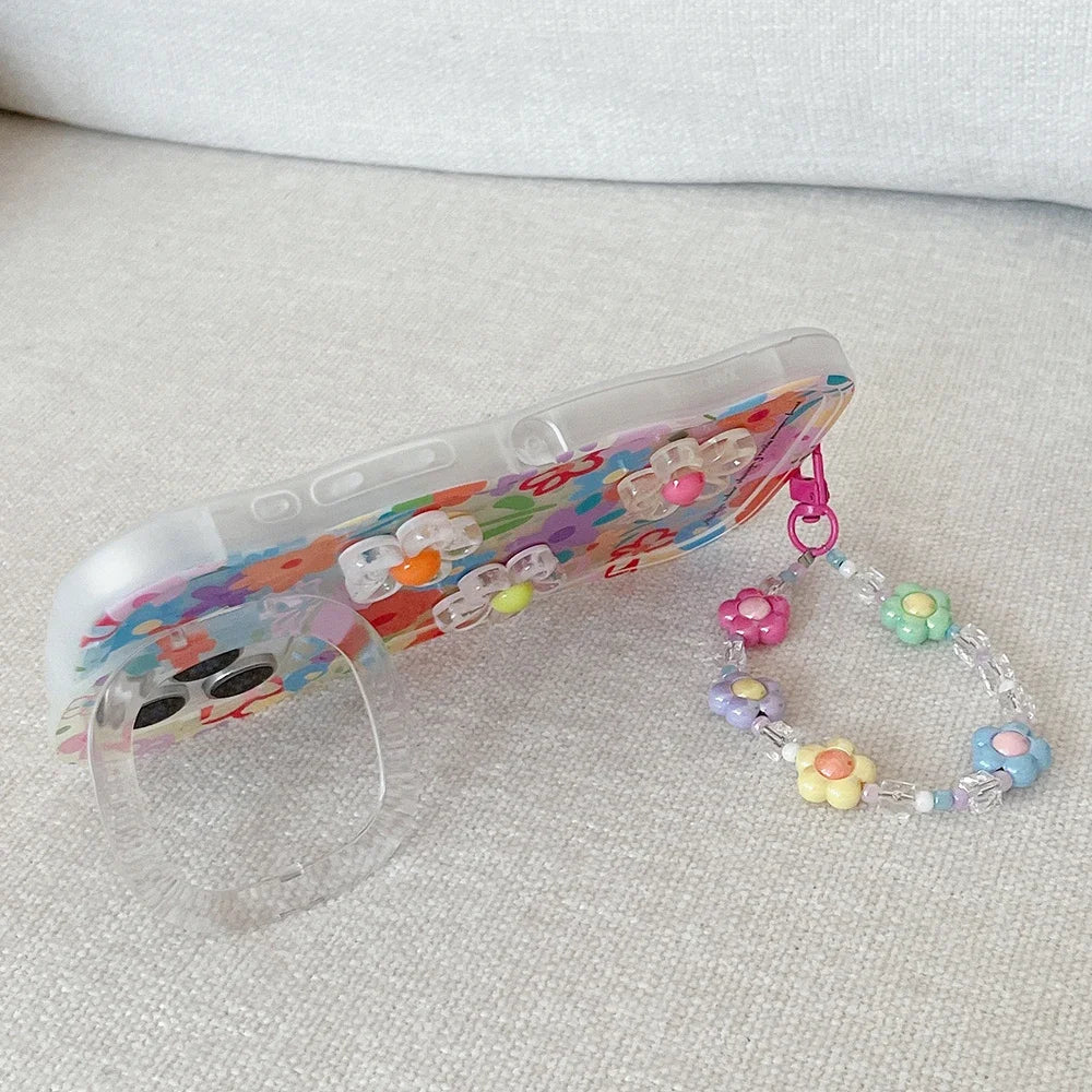 Bead Bracelet Chain Phone Case For iPhone 16 17 15 14 13 11 12 Pro Max Plus 3D Flower Bracket Holder Stand Lanyard Cover
