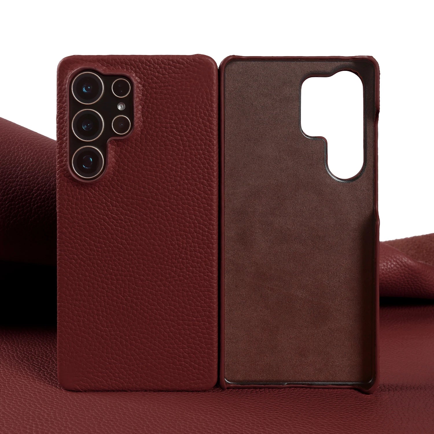 Lychee Grain Genuine Leather Case For Samsung Galaxy S25 Ultra S24 FE S23 Plus S22 S21 Ultra Phone Case Half Wrapped Back Cover