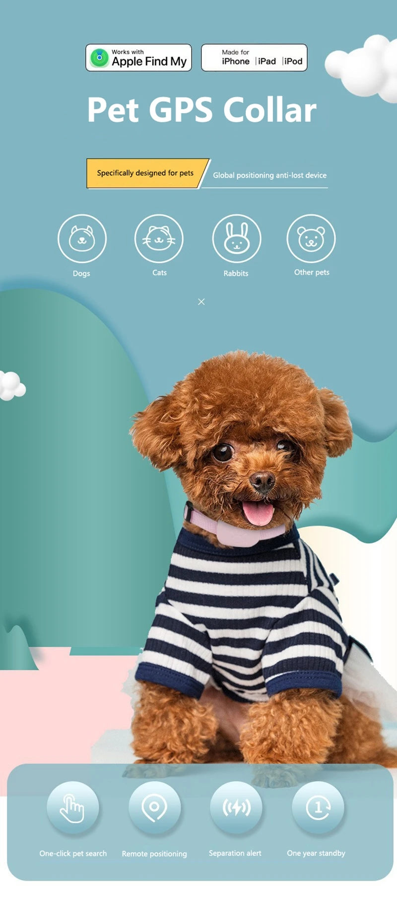 OnePlus Remote Pet GPS Tracker Real-Time Tracking Movement Alert Waterproof  AntiLost  Dog Cat Global Locator for Apple Find APP