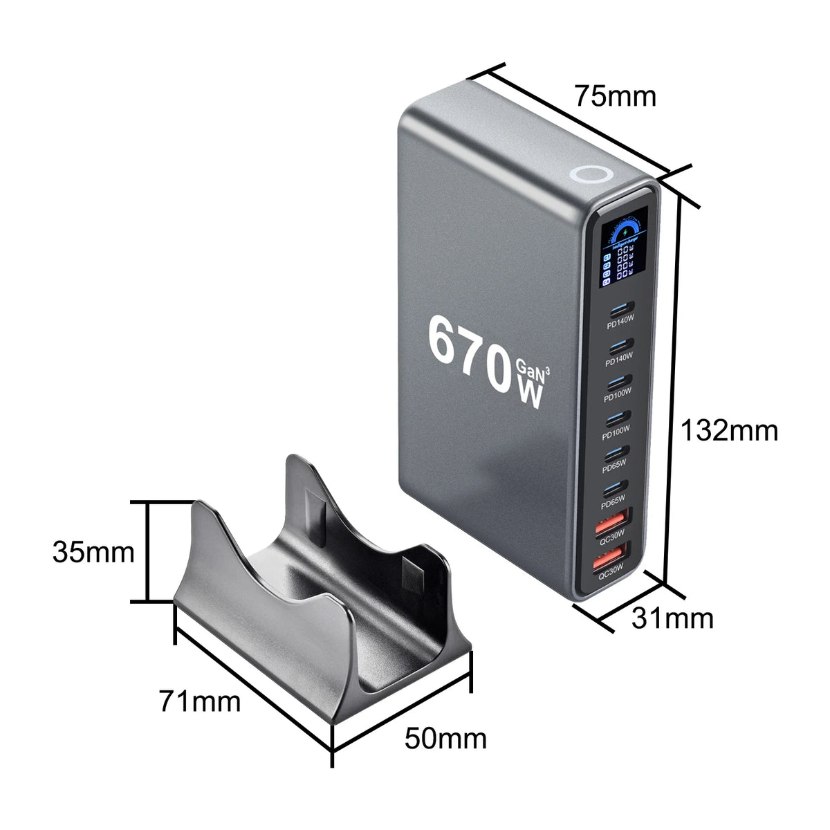 670W GaN Fast Charging Desktop Charger with Display 140W USB-C Port 8-Port Station for Phones And Tablets