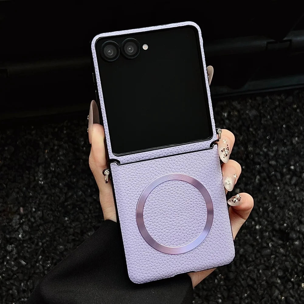 Original Lychee Pattern Leather for Magsafe Wireless Charging Case for Samsung Galaxy Z Flip 8 7 6 5 Strap Anti-drop Slim Cover