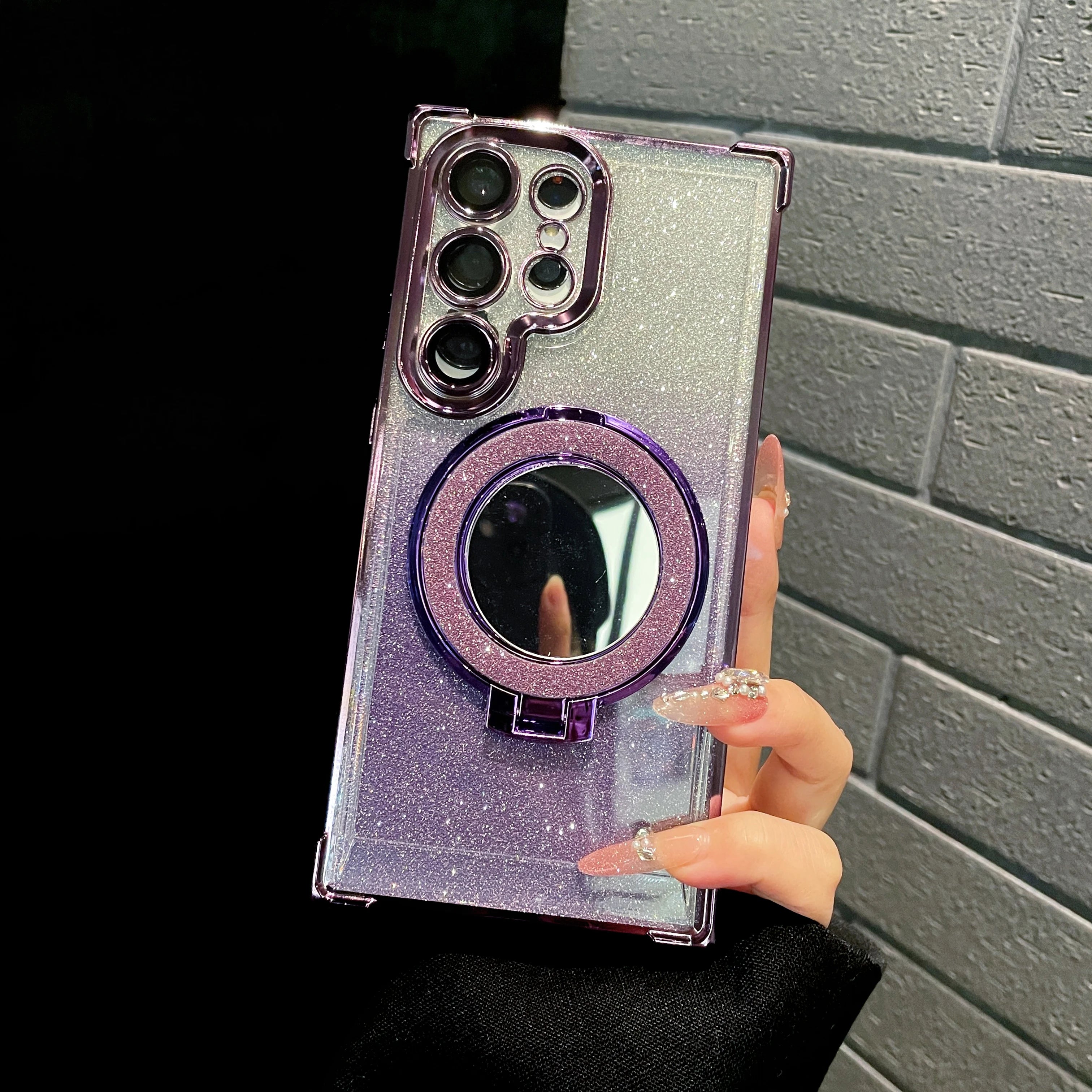 Glitter Magnetic Mirror Stand Holder Case For Samsung S24 S23 S22 S21 S20 Note 20 10 Ultra Plus FE For Magsafe Shockproof Cover