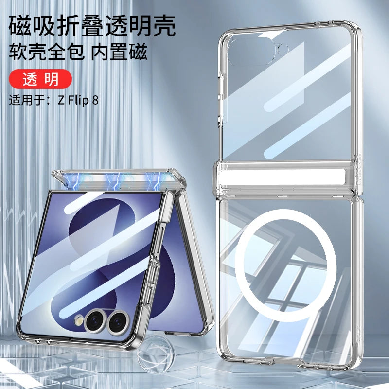 For Samsung Galaxy Z Flip 8 Case Transparent Magnetic Wireless Charging Hinge With Mirror Film Shockproof Back Cover Accessories