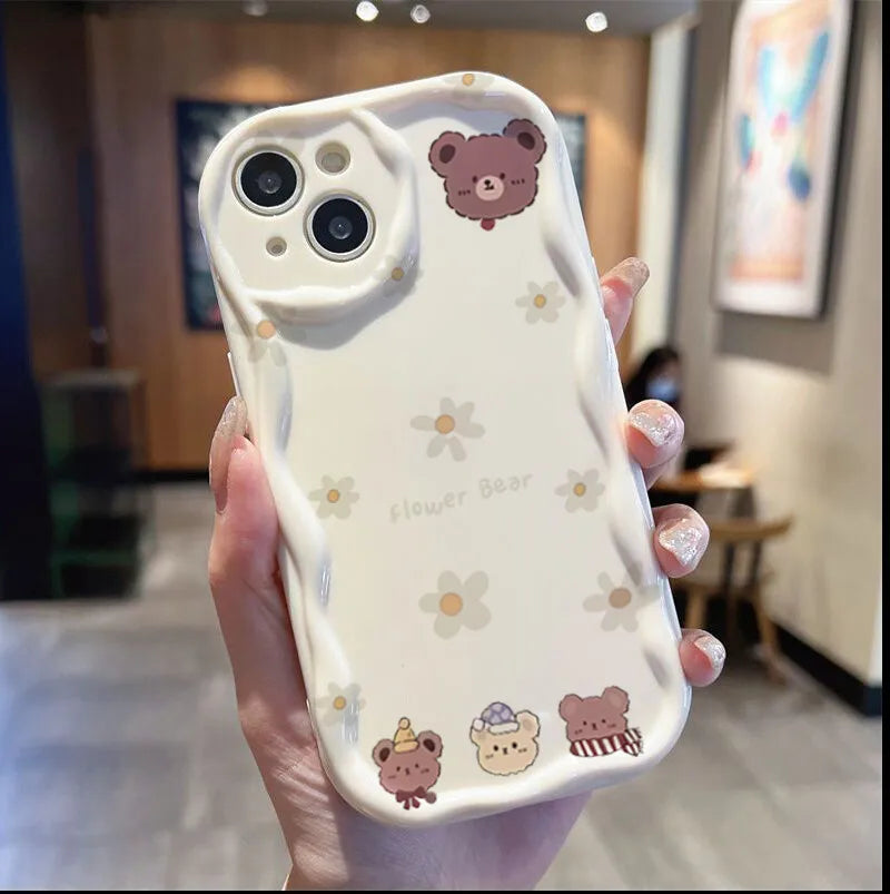 Cute Sweet Bow Bear Case For Samsung Galaxy S25 Ultra S22 S21 S20 Plus S21FE S20FE S25FE A31 Cartoon Silicone Wave Side Cover