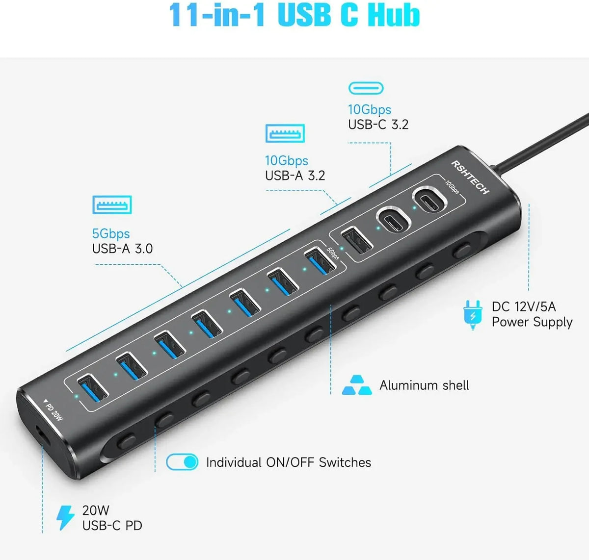 RSHTECH 60W USB 3.1 Hub 10Gbps for Laptop Macbook with 7 USB3.0 Port and 20W PD Aluminum USB Splitter Data Transfer Dock Station