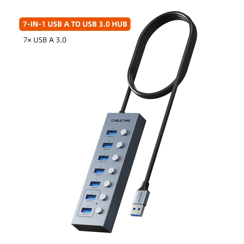 CABLETIME USB 3.0 HUB 5Gbps Dock Station 7-Port USB3.0 Splitter with Individual OFF/ON Switch for PC Laptop USB Ports Extender