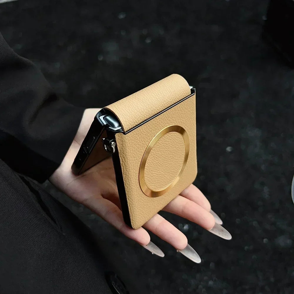 Original Lychee Pattern Leather for Magsafe Wireless Charging Case for Samsung Galaxy Z Flip 8 7 6 5 Strap Anti-drop Slim Cover