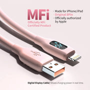 MFI Certif USB A TO Lightning Charging Data Cable Macaron Pink Soft Silicone with LED Digital Display for iPhone 14-8 Series