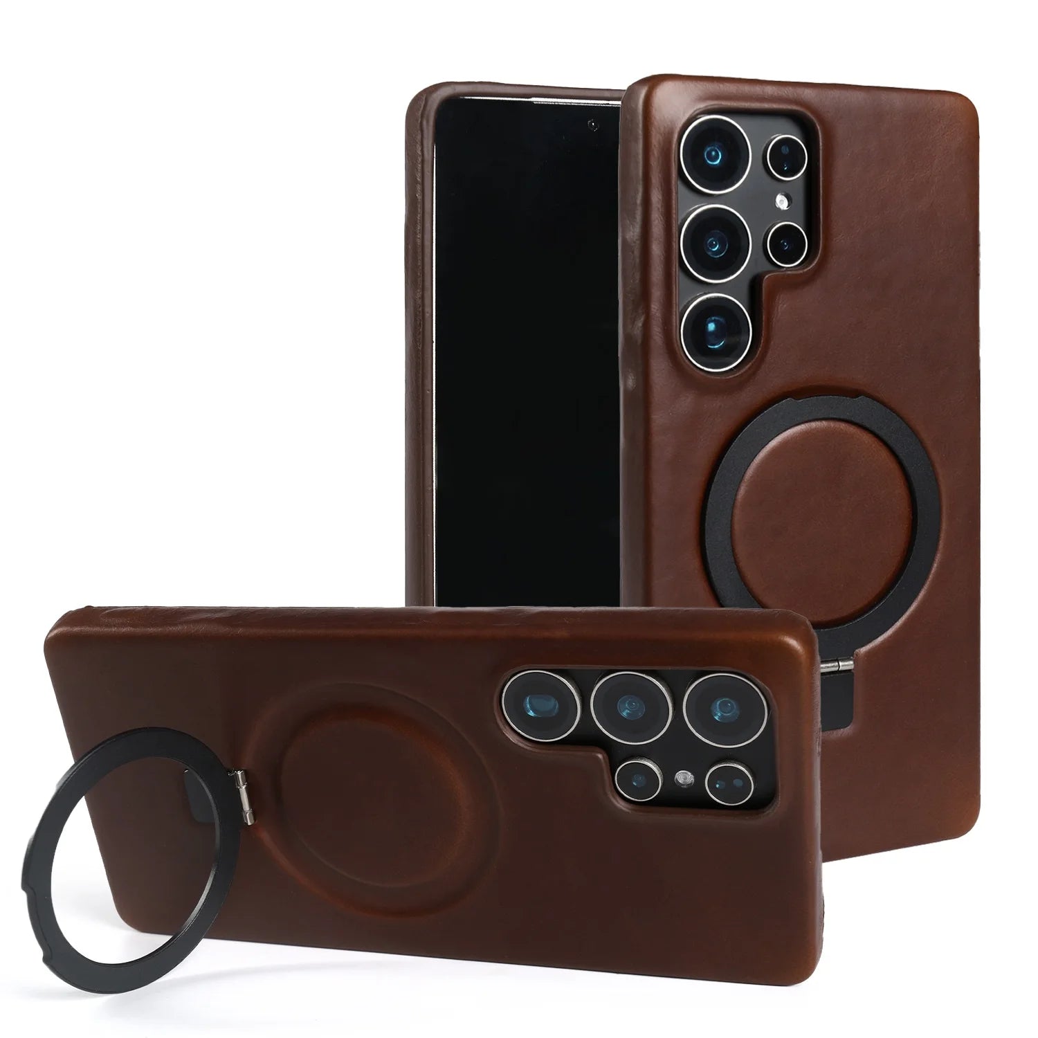 Luxury Magnetic Ring Genuine Leather Case For Samsung Galaxy S25 Ultra S24 S25edg S23 S22 S21 S20 S23 Stand Bracket Phone Cases