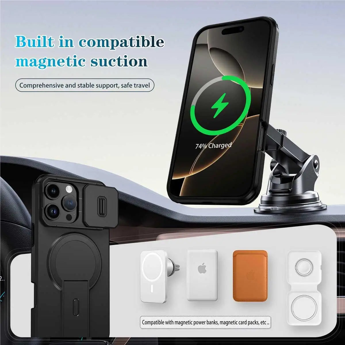 Heavy Duty Magnetic Camera Slide+Kickstand Phone Case For iPhone 16 15 14 13 12 11 Pro Max 16 15 14 Plus 13mini 12mini 16E17E 17
