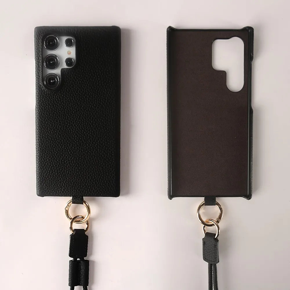 Luxury Cowhide Genuine Leather Case For Samsung Galaxy S26 Ultra S23 S22 S21 S26FE  Strap Crossbody Lanyard Phone Cover Coque