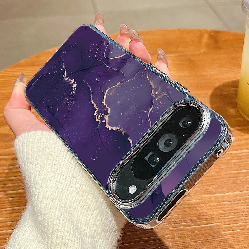 Colored Marble Print Phone Case For Google Pixel 10 9 Pro XL 10 9 8 7 Pro 9A 8A 7A Shockproof Plating Soft TPU Transparent Cover