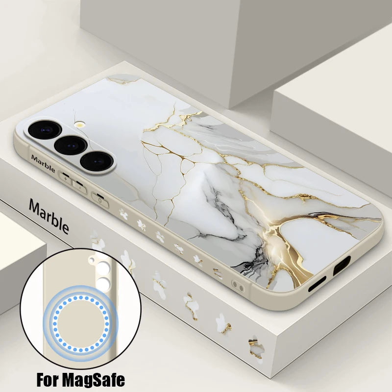 For Samsung Galaxy S26 S25 S24 S23 Ultra Plus S25 FE S22 Marble Case Magnetic For Magsafe Wireless Charge Silicone Lanyard Cover