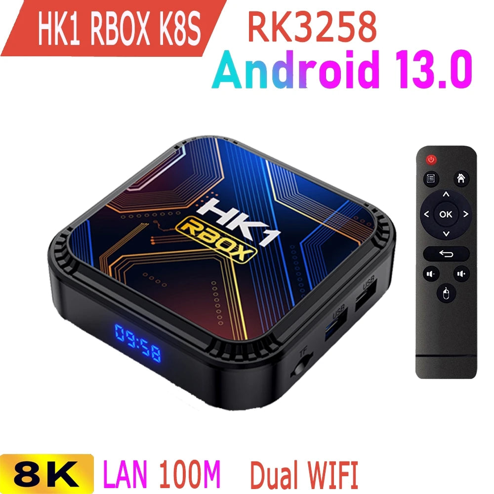Android 13.0 RK3528 Quad Core 8K HDR 100M LAN Dual Wifi 2.4G 5G BT4.0 Game Stick Media Player Smart TV Box HK1 RBOX K8S