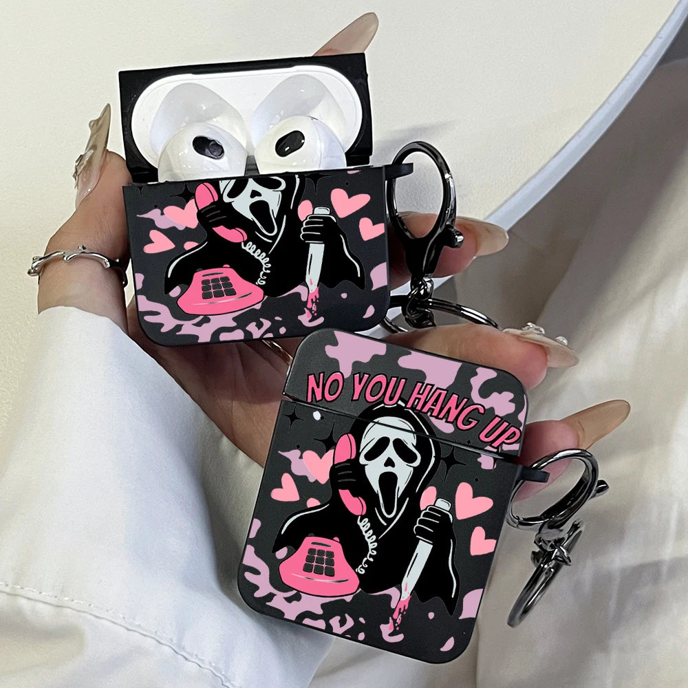 Pink Ghostface Hard Earphone Case for AirPods 1or2, 3, 4, Pro2/Pro Case Stylish Bluetooth Headset Protective Cover with Keychain