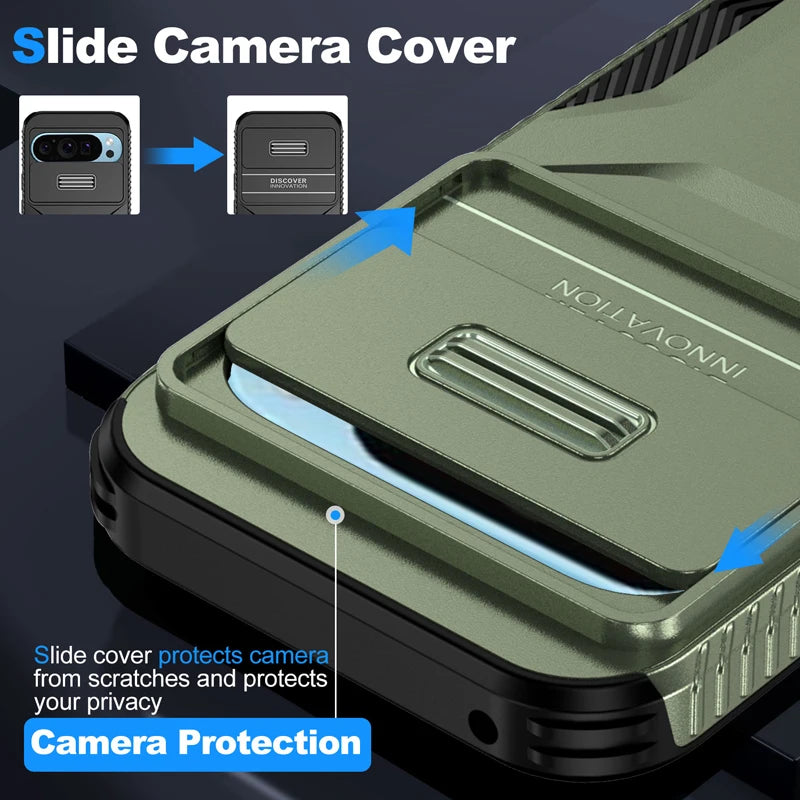 Heavy Duty Rugged Shockproof Slide Camera Lens Protect Case for Google Pixel 10 9 8 7 A Pro XL Matte Anti-slip Armor Hard Cover