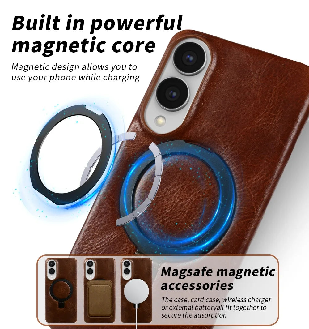 Foldable Bracket Stand Genuine Leather Phone Case For Samsung Galaxy S25FE S24 S23 S22 S21 S20 Kickstand Protective Back Shell
