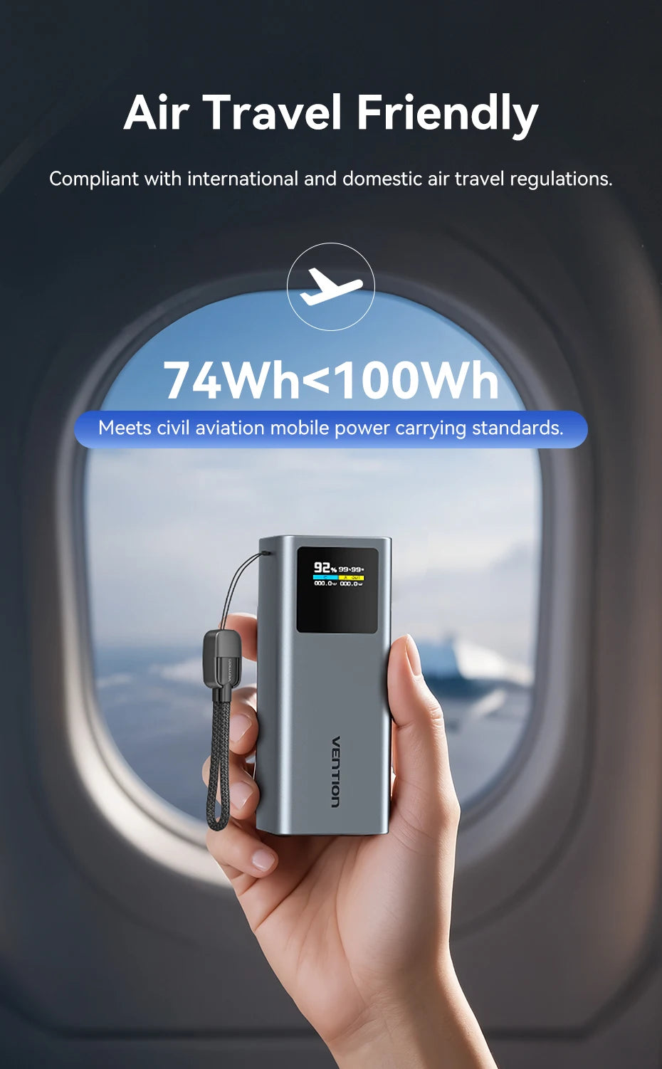 Vention 100W 20000mAh Power Bank PD External Battery PowerBank for iPhone 17 Fast Charging With USB-C Cable TFT Digital Display