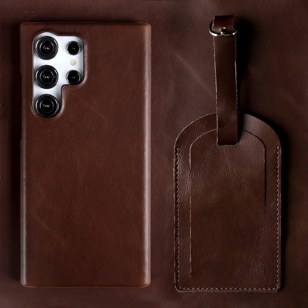 Luxury Business Genuine Leather Phone Case For Samsung Galaxy S25 Ultra S24FE S23 S22 S21 S20 Vintage Back Cover + Luggage Tag