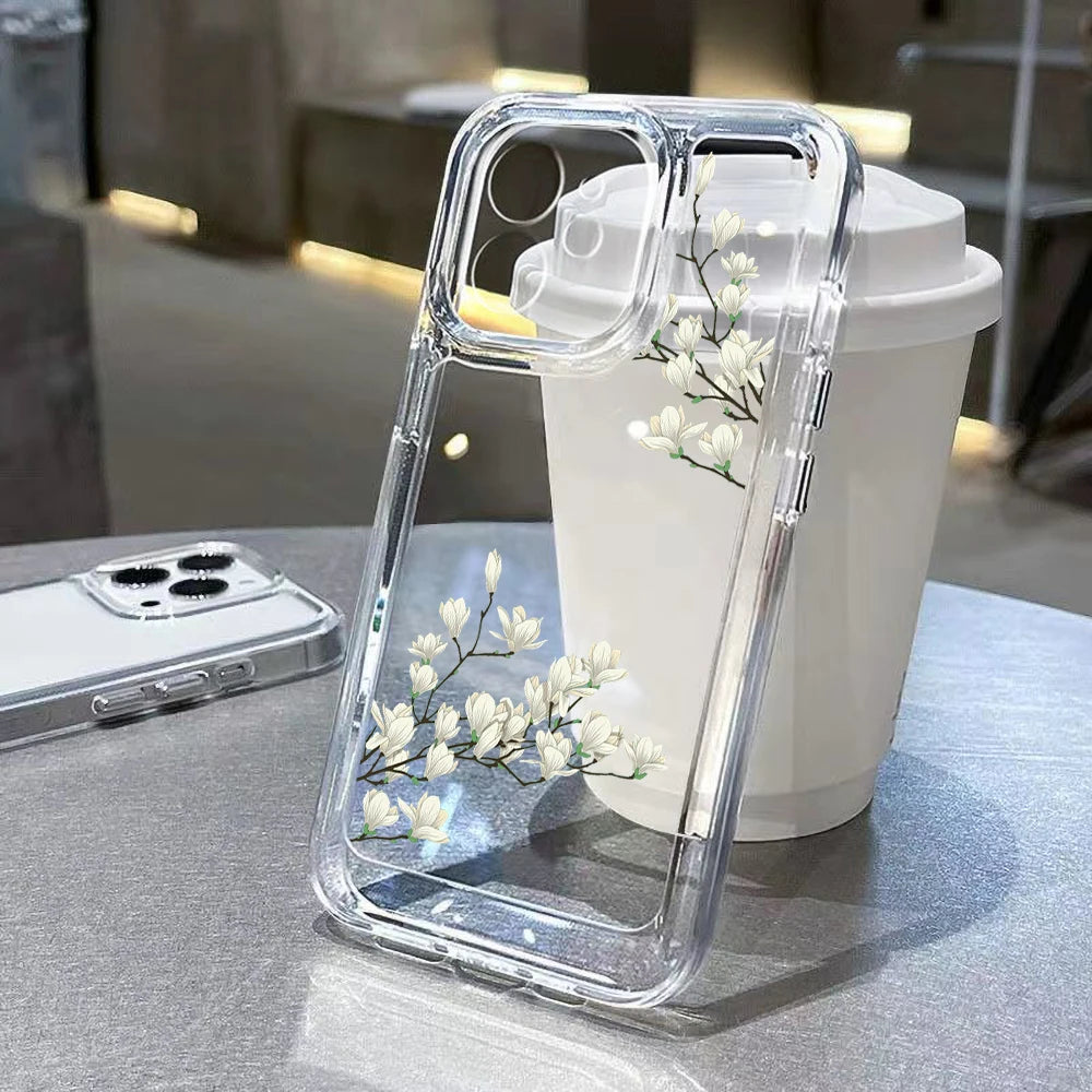 Case For Samsung Galaxy A56 5G A36 S25 Ultra S24 FE S23 S26 Case Samsung A16 A55 A54 A26 A35 White Lotus Floral Clear Phone Case