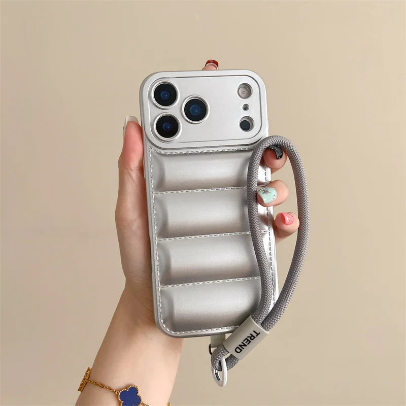 Luxury Down Jacket Puffer Wrist Strap Phone Case for Samsung Galaxy S25 Edge S24 S23 S22 S21 S20 FE Plus Ultra Soft Cover