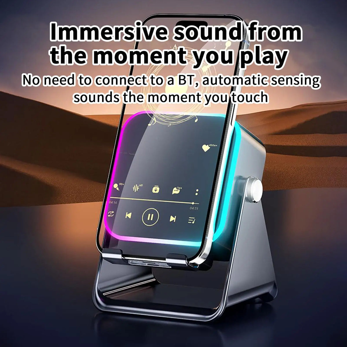 5 In 1 Wireless Induction Speaker Phone Holder with 8 RGB Modes HIFI Sound Bluetooth Desktop Stand
