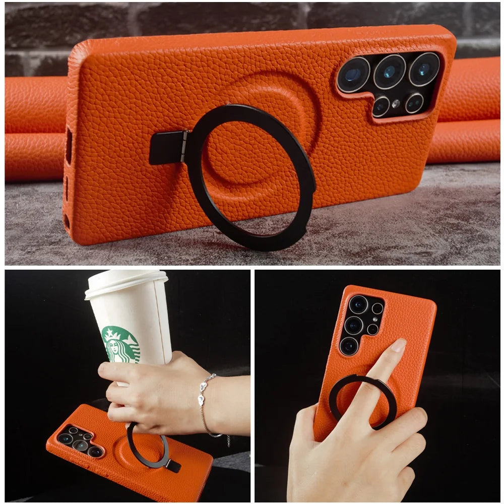 Magnet Ring Stand Phone Case For Samsung Galaxy S25 Ultra S24 S23 S22 S21 S20FE Cover Genuine Leather Case Magnetic Back Cover