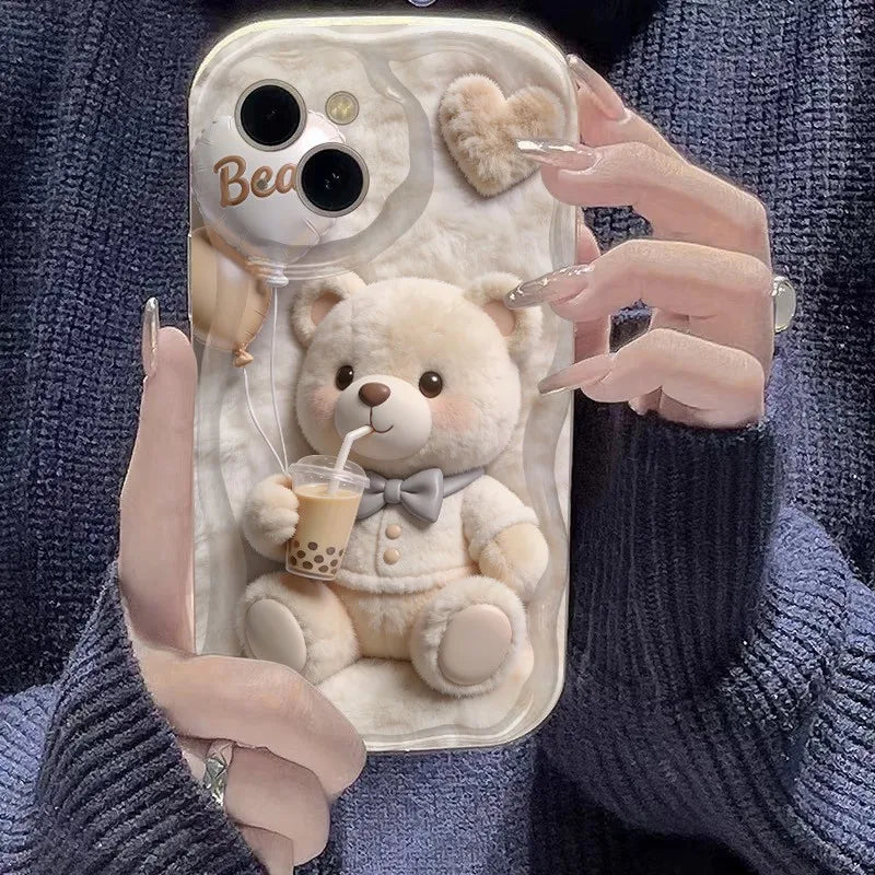 For Samsung Galaxy S26 S25 S24 Ultra S23 FE S22 S21 Plus A16 A26 A36 A56 A55 A54 Cartoon Grizzly Bear Pink Heart Printed Cover