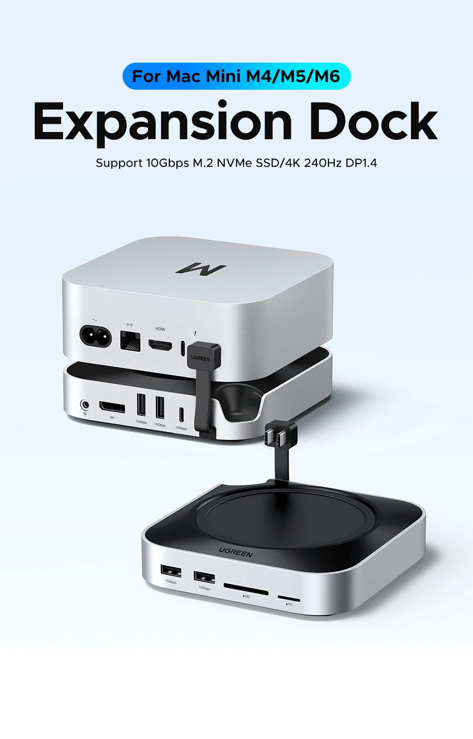 UGREEN Mac Mini Docking Station USB HUB Type-C to DP 4K240Hz M.2 NVMe SSD Slot 10Gbps SD&TF 3.5MM for Mac Mini M4/M5Pro/M6Stand