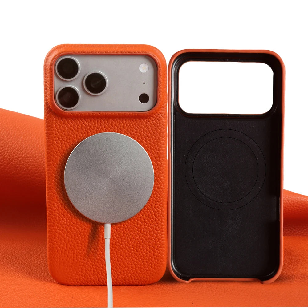 For Magsafe Magnetic Lychee Genuine Leather Case For iphone 17 Pro Max Air 13 14 15 16 Pro Max 16e 17e Phone Back Cover Cases