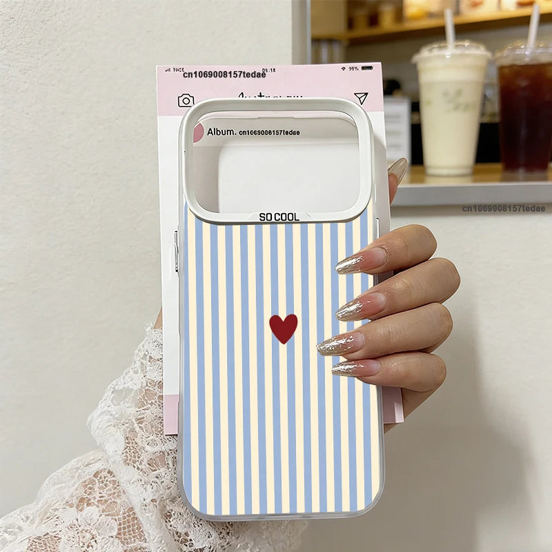 INS Cute Small Love Heart Fresh Phone Case For iPhone 16 17 Pro 15 17 Air 14 Plus 13 12 11 Pro Max Pink Blue Striped IMD Cover