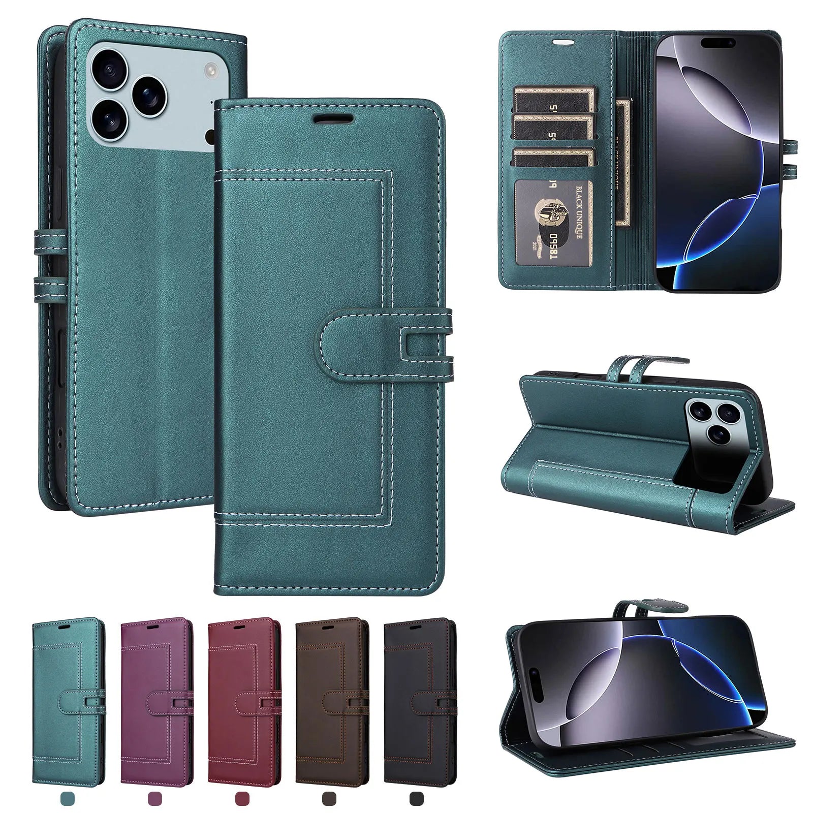 Business Leather Flip Phone Case for iPhone 17 Pro Max Air 16E 16 15 14 13 12 11 Pro XS XR Max Plus SE Card Wallet Pocket Cover
