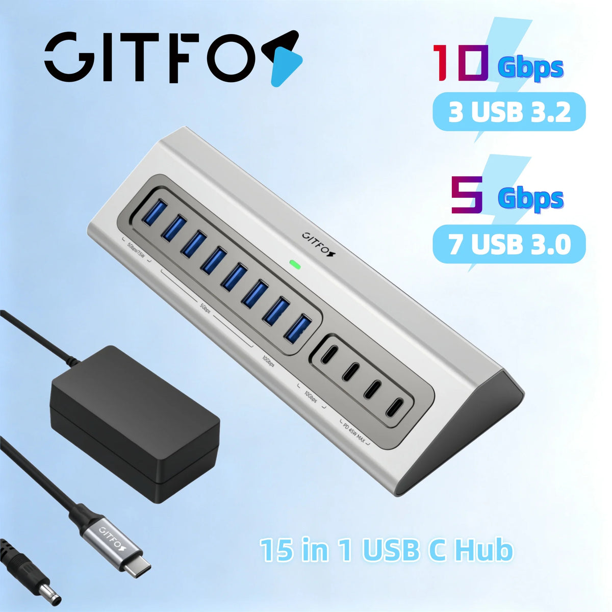 Powered USB Hub 15 in 1, USB 3.2 10Gbps Hub with Power Adapter, 7 USB A 3.0 Ports USB C, Docking Station for Laptop MacBook PC