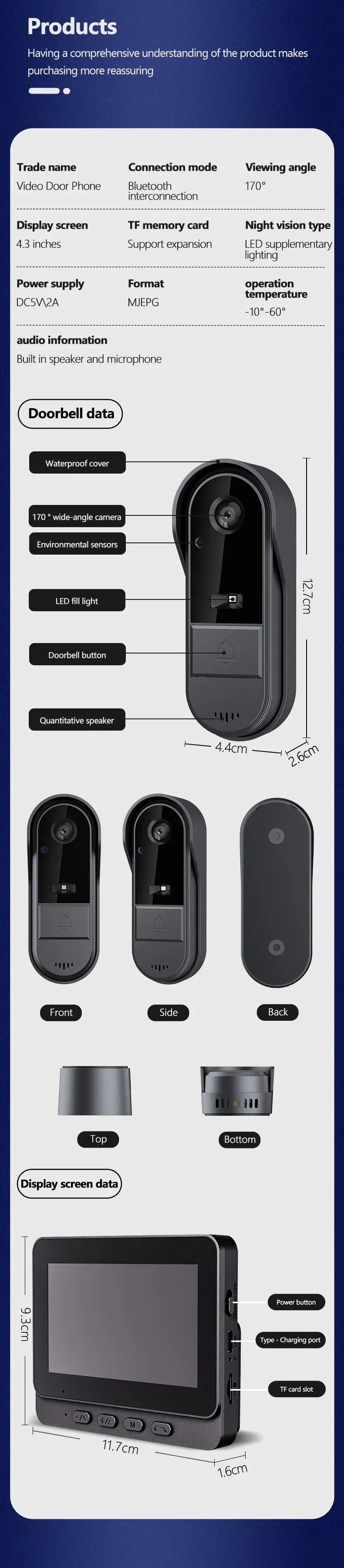 Waterproof Smart 2.4G Wireless Doorbells Video Intercom Camera Inteligente Night Vision 4.3inch Screen For Security Home