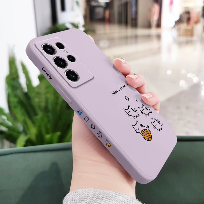 Cute Line Cat Phone Case For Samsung Galaxy S25 S24 S23 S22 S21 S20 S10 S10E Ultra Plus FE Note 20 Ultra 10 Plus Cover
