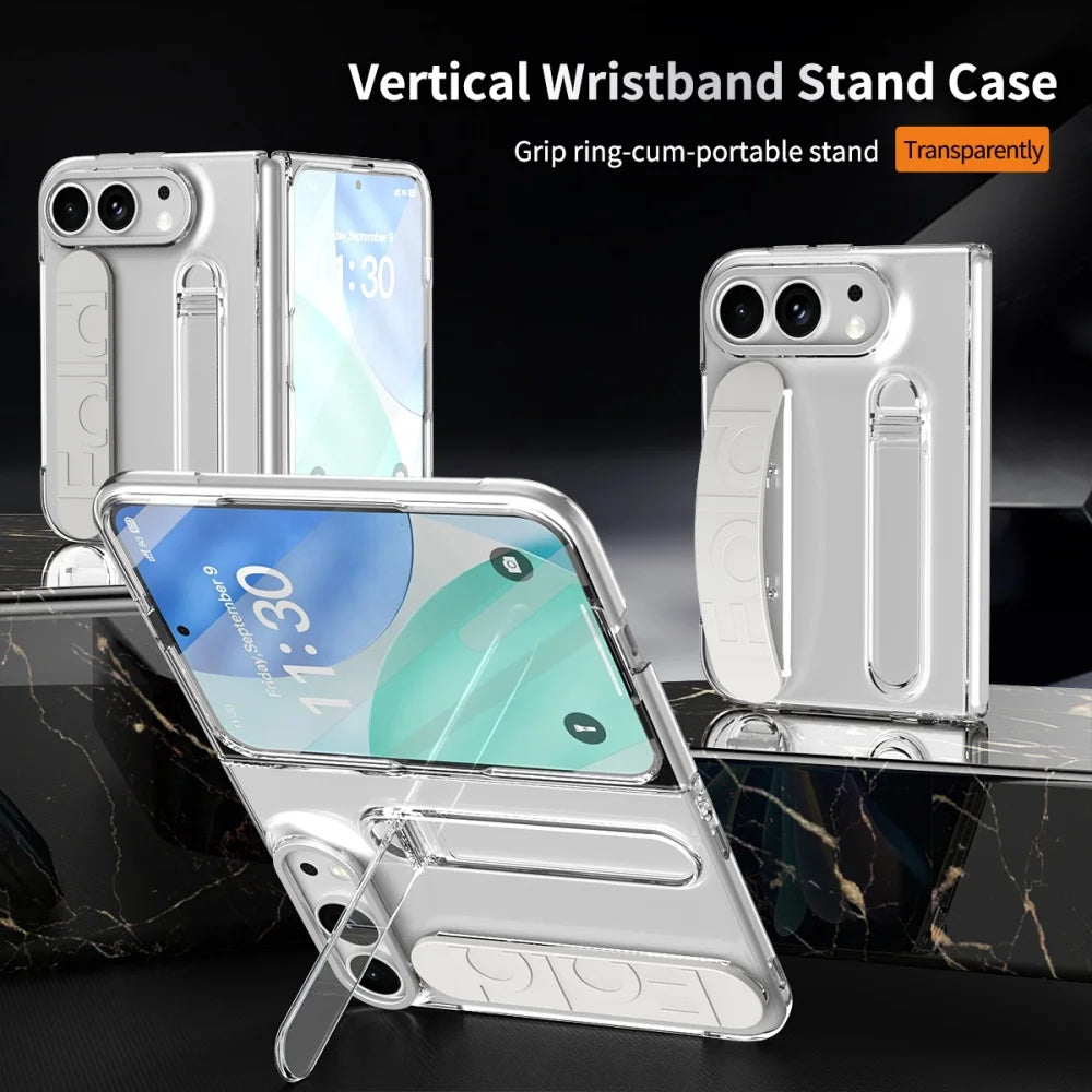 For iPhone Duo Cases Luxury Wristband Folding Bracket Case for iPhone Duo 2026 Fold Wrist Strap Built-in Screen Protector Cover