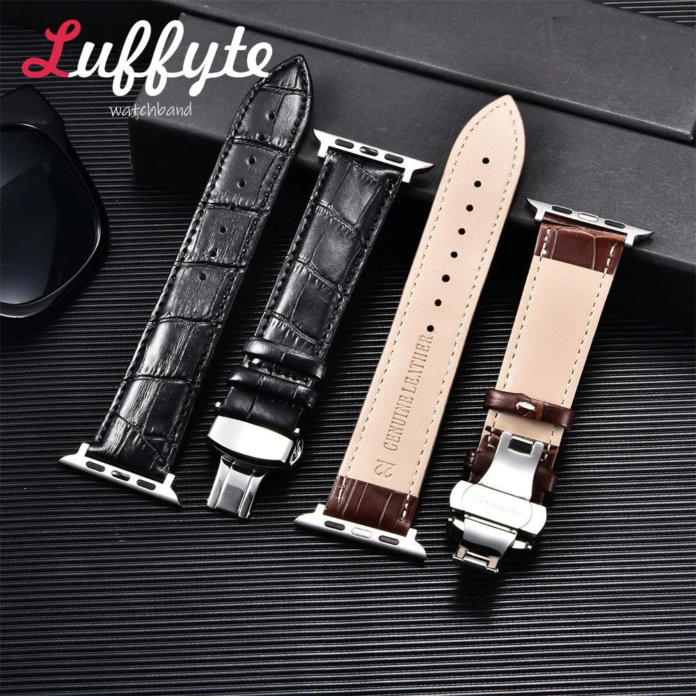 Bamboo Patterned Genuine Leather Strap for Apple Watch Ultra 8 7 SE 6 5 4 3 2 1 Business Watchband 38 40 41mm 42 44 45 49mm