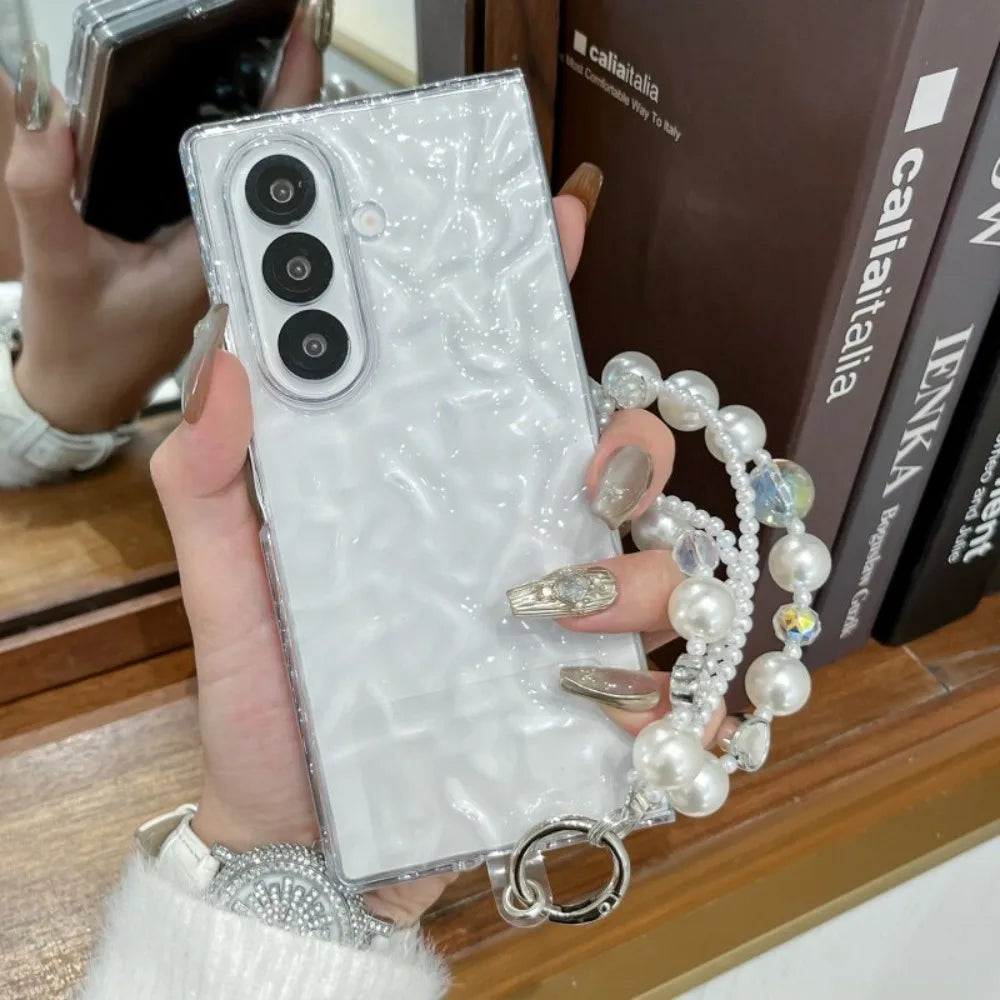 Z Fold8 Transparent INS Water Wave Pattern Pearl Bracelet for Samsung Galaxy Z Fold 8 Ultra 7 6 Lanyard Non-slip Clear PC Cover