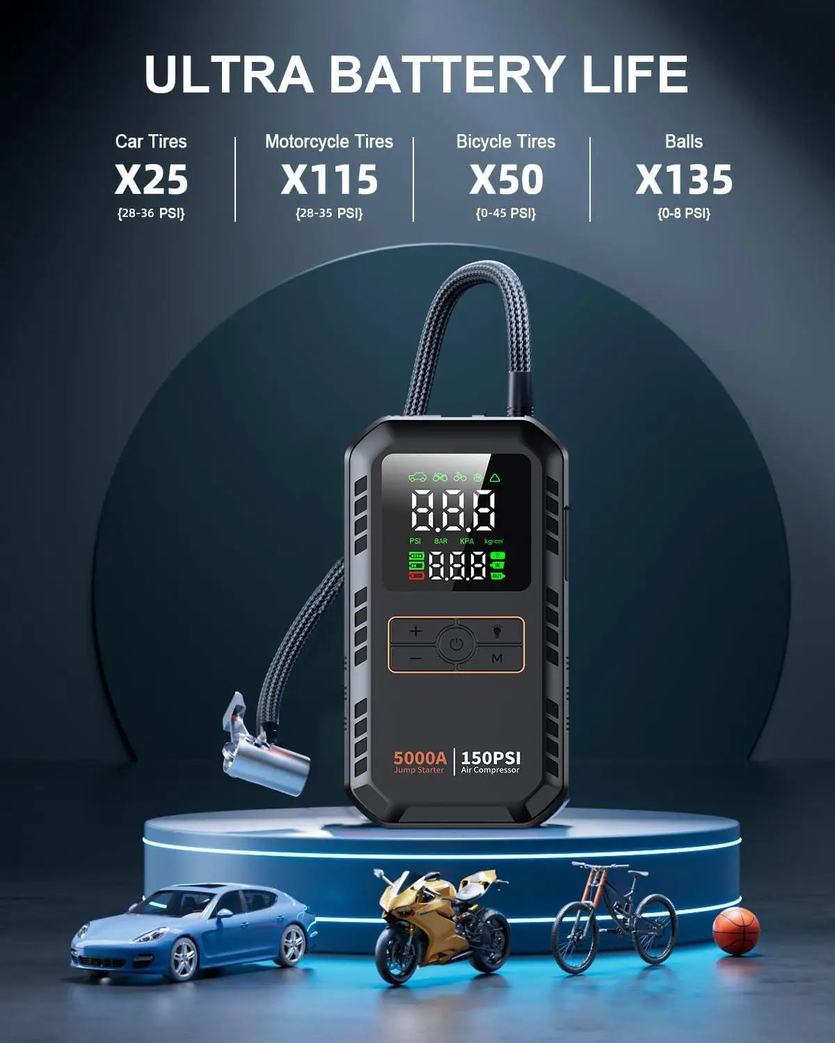5000A Car Jump Starter with Air Compressor 150PSI Tire Inflator Auto Battery Booster Portable Jump Box