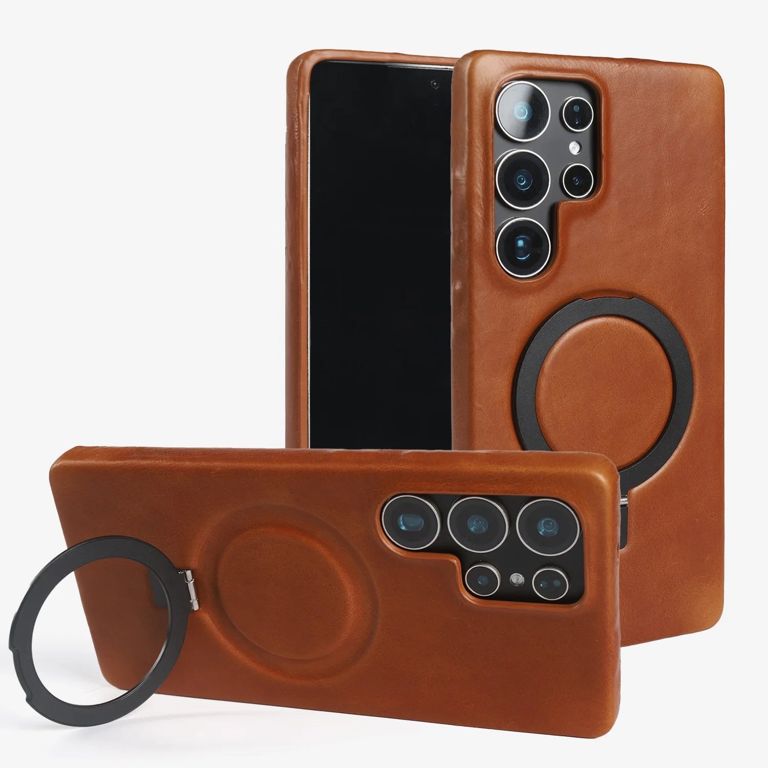 Luxury Magnetic Ring Genuine Leather Case For Samsung Galaxy S25 Ultra S24 S25edg S23 S22 S21 S20 S23 Stand Bracket Phone Cases